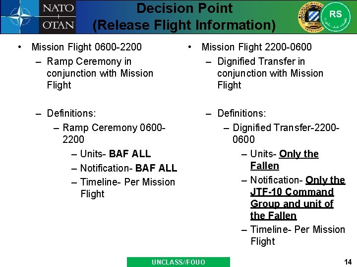 Decision Point (Release Flight Information) • Mission Flight 0600 -2200 – Ramp Ceremony in