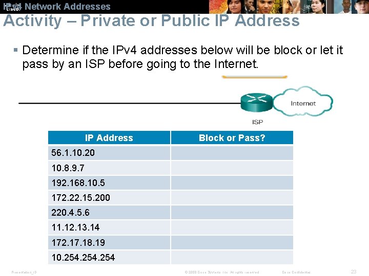IPv 4 Network Addresses Activity – Private or Public IP Address § Determine if