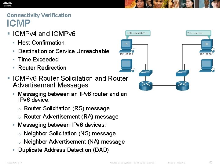 Connectivity Verification ICMP § ICMPv 4 and ICMPv 6 • • Host Confirmation Destination