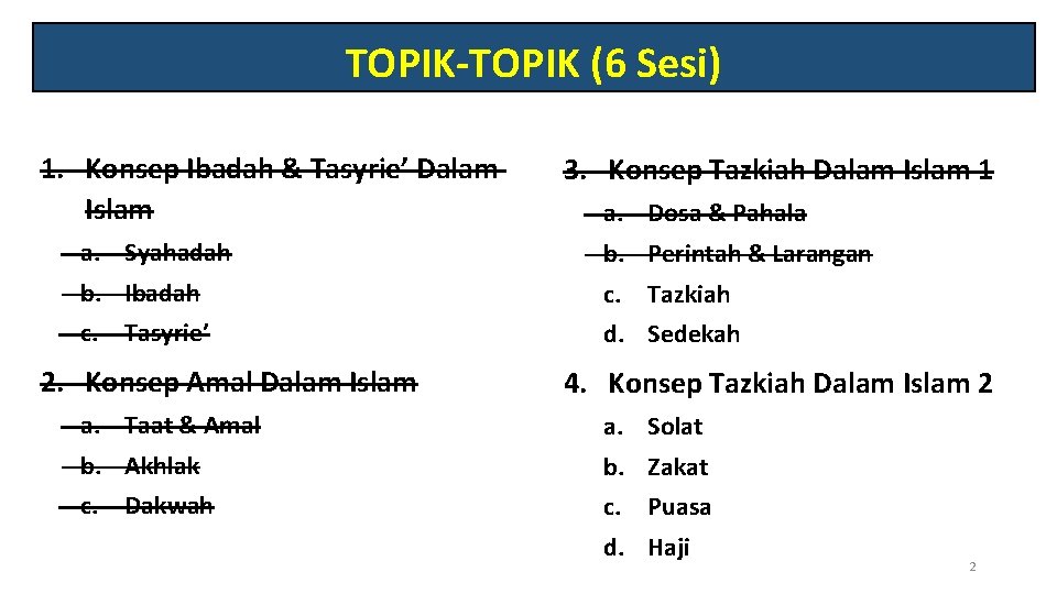 TOPIK-TOPIK (6 Sesi) 1. Konsep Ibadah & Tasyrie’ Dalam Islam a. Syahadah b. Ibadah