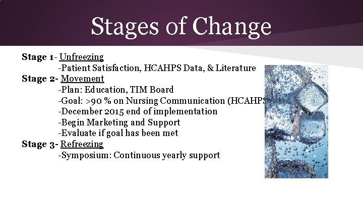 Stages of Change Stage 1 - Unfreezing -Patient Satisfaction, HCAHPS Data, & Literature Stage