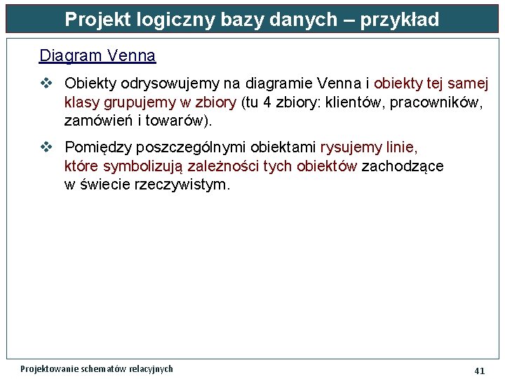 Projekt logiczny bazy danych – przykład Diagram Venna v Obiekty odrysowujemy na diagramie Venna