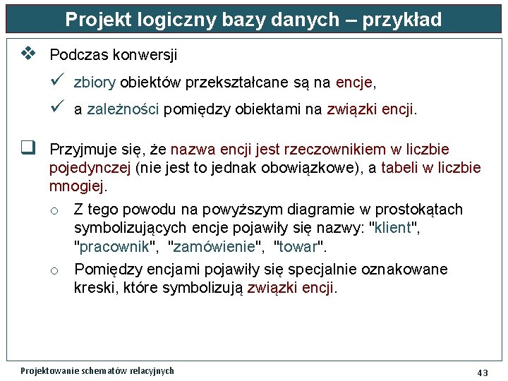 Projekt logiczny bazy danych – przykład v Podczas konwersji ü ü q zbiory obiektów