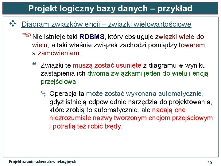 Projekt logiczny bazy danych – przykład v Diagram związków encji – związki wielowartościowe Nie