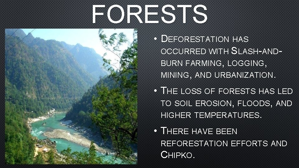FORESTS • DEFORESTATION HAS OCCURRED WITH SLASH-ANDBURN FARMING, LOGGING, MINING, AND URBANIZATION. • THE