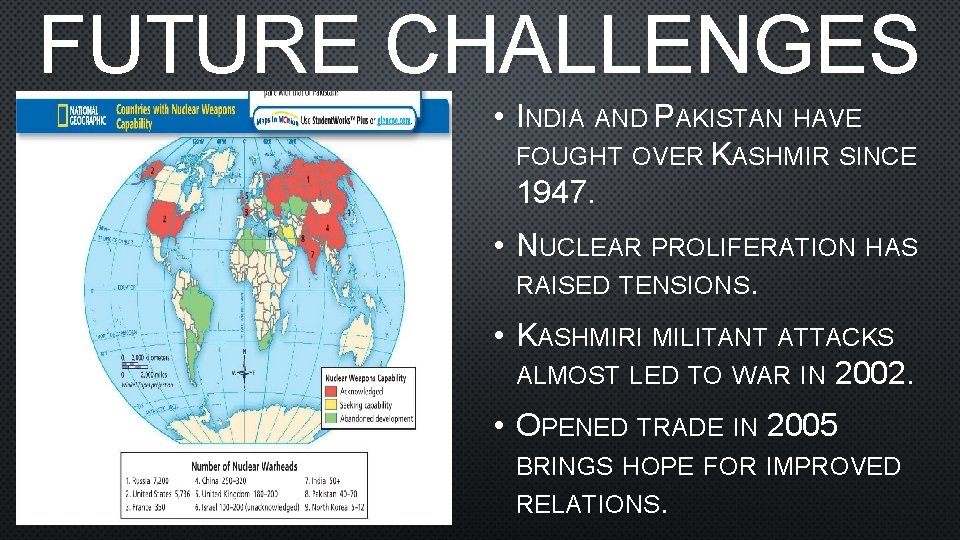 FUTURE CHALLENGES • INDIA AND PAKISTAN HAVE FOUGHT OVER KASHMIR SINCE 1947. • NUCLEAR