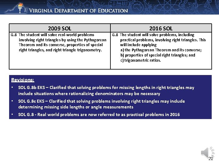 2009 SOL G. 8 The student will solve real-world problems involving right triangles by