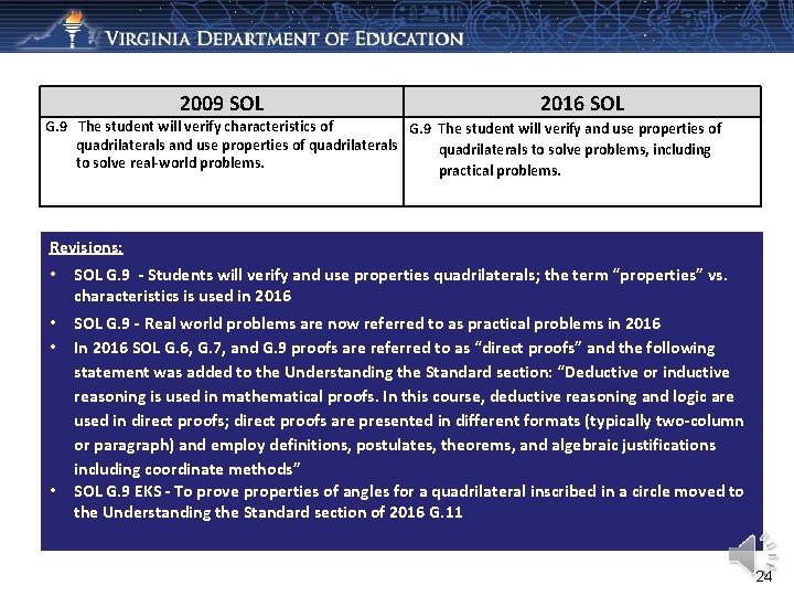 2009 SOL 2016 SOL G. 9 The student will verify characteristics of G. 9