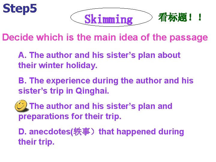 Step 5 Skimming 看标题！！ Decide which is the main idea of the passage A.