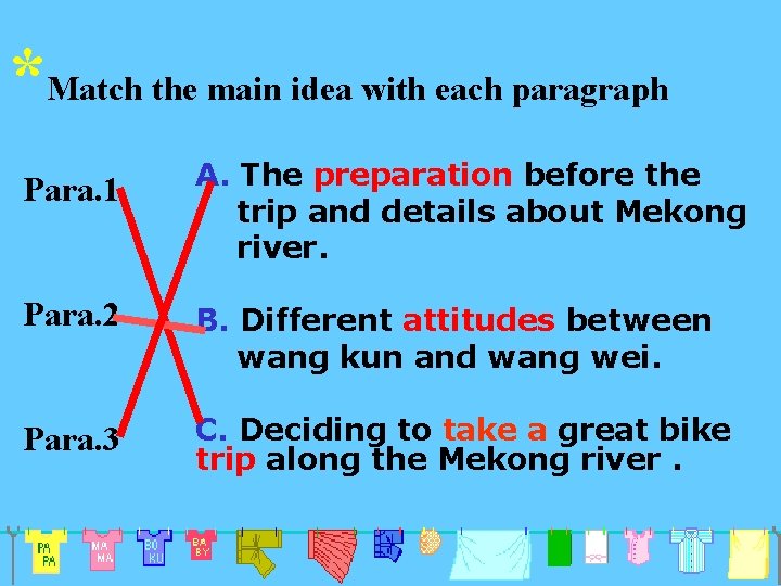 *Match the main idea with each paragraph Para. 1 A. The preparation before the