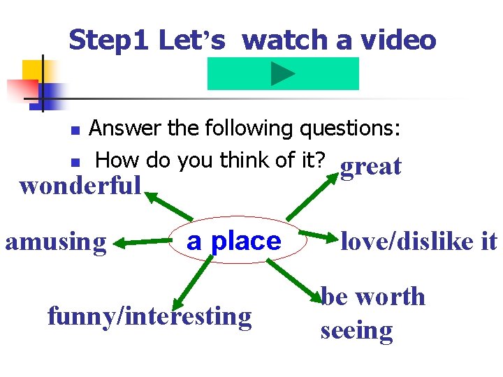 Step 1 Let’s watch a video n n Answer the following questions: How do