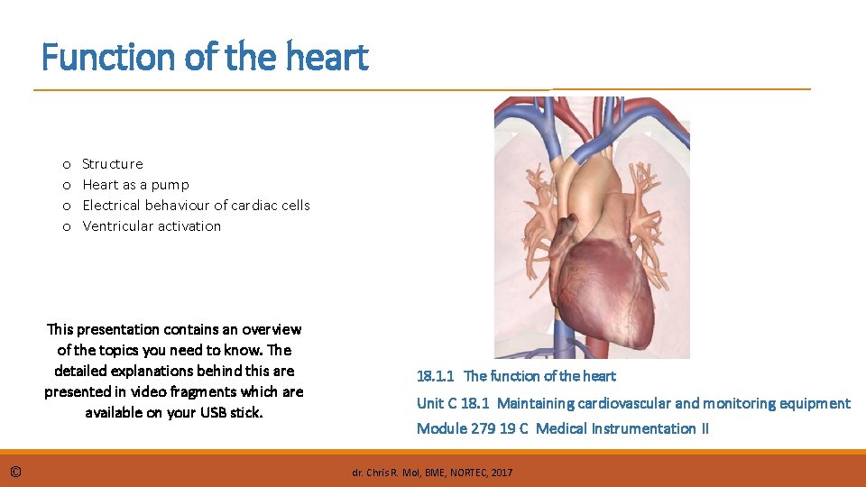 Function of the heart o o Structure Heart as a pump Electrical behaviour of