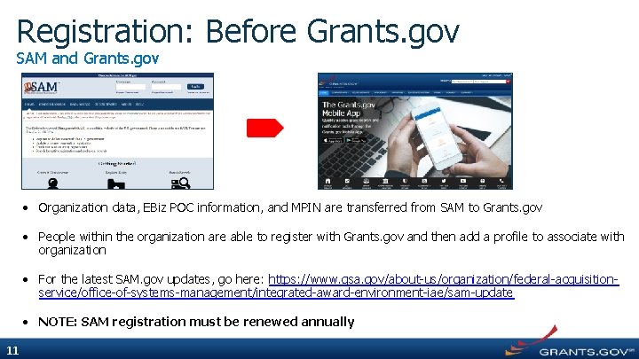 Registration: Before Grants. gov SAM and Grants. gov • Organization data, EBiz POC information,