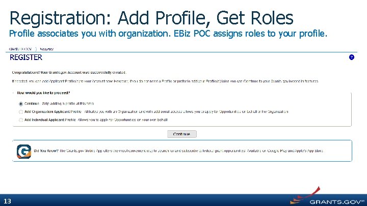Registration: Add Profile, Get Roles Profile associates you with organization. EBiz POC assigns roles