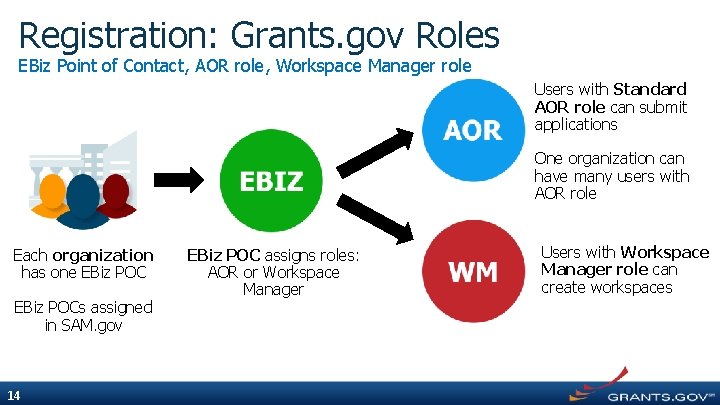 Registration: Grants. gov Roles EBiz Point of Contact, AOR role, Workspace Manager role Users
