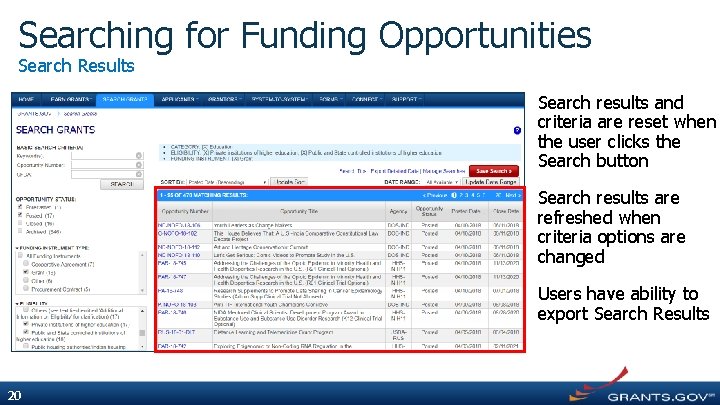 Searching for Funding Opportunities Search Results Search results and criteria are reset when the