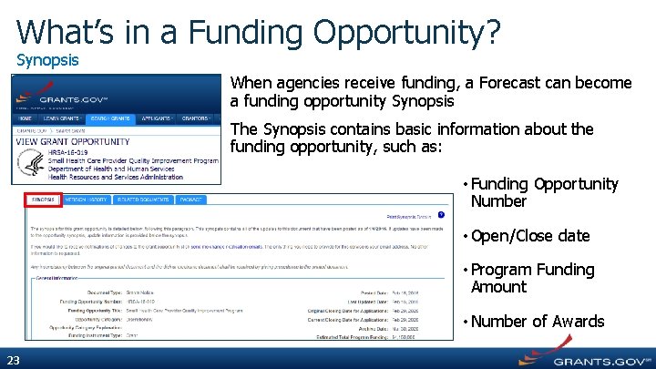 What’s in a Funding Opportunity? Synopsis When agencies receive funding, a Forecast can become