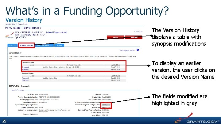 What’s in a Funding Opportunity? Version History The Version History displays a table with