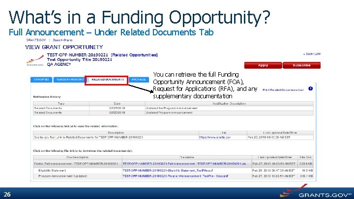 What’s in a Funding Opportunity? Full Announcement – Under Related Documents Tab You can