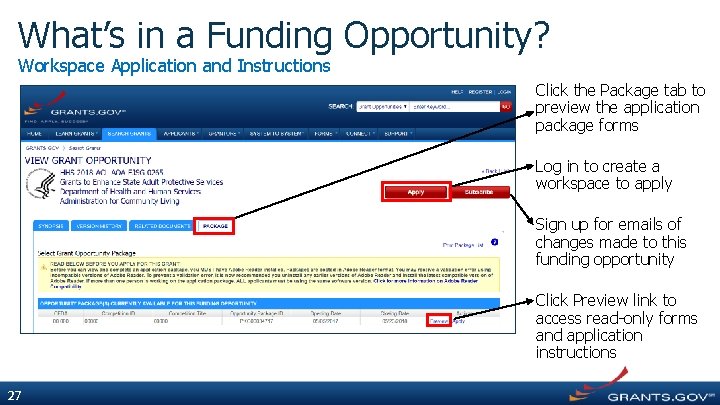 What’s in a Funding Opportunity? Workspace Application and Instructions Click the Package tab to