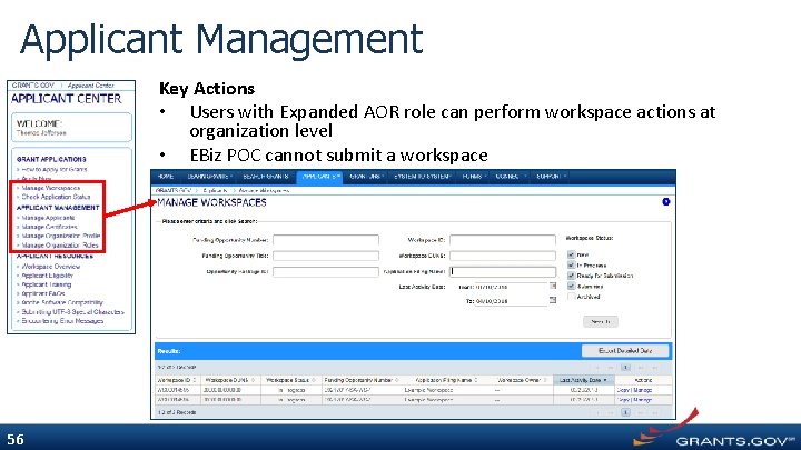 Applicant Management Key Actions • Users with Expanded AOR role can perform workspace actions