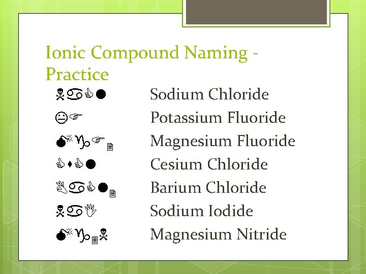 Ionic Compound Naming Practice Na. Cl KF Mg. F 2 Cs. Cl Ba. Cl