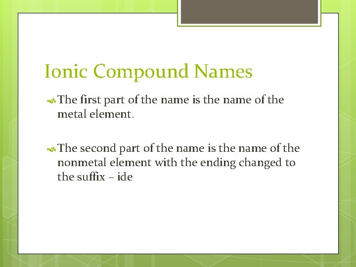 Ionic Compound Names The first part of the name is the name of the