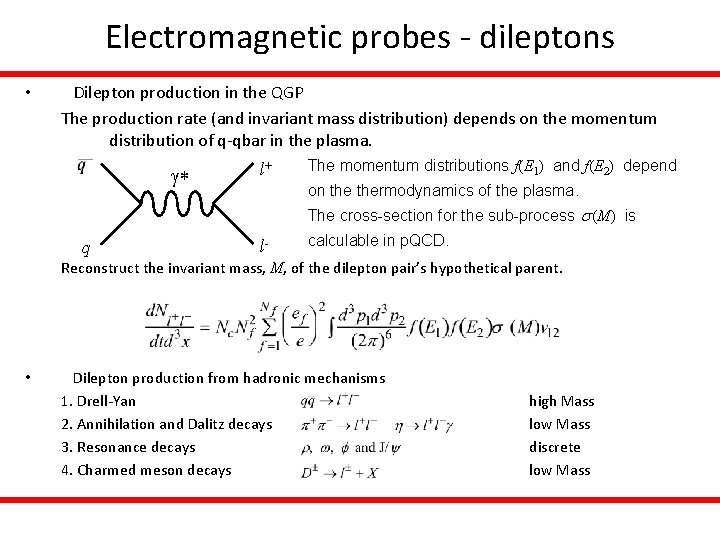 Electromagnetic probes - dileptons • Dilepton production in the QGP The production rate (and