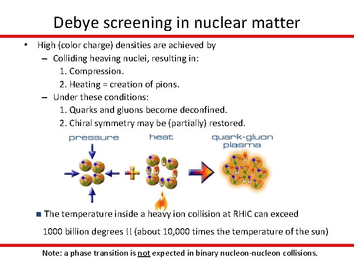 Debye screening in nuclear matter • High (color charge) densities are achieved by –