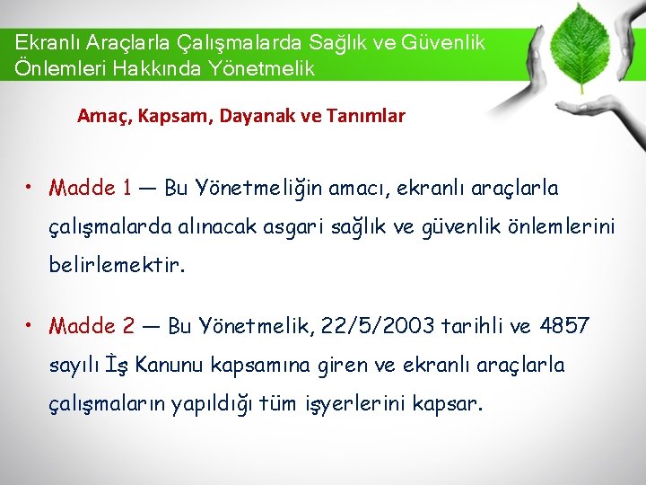 Ekranlı Araçlarla Çalışmalarda Sağlık ve Güvenlik Önlemleri Hakkında Yönetmelik Amaç, Kapsam, Dayanak ve Tanımlar