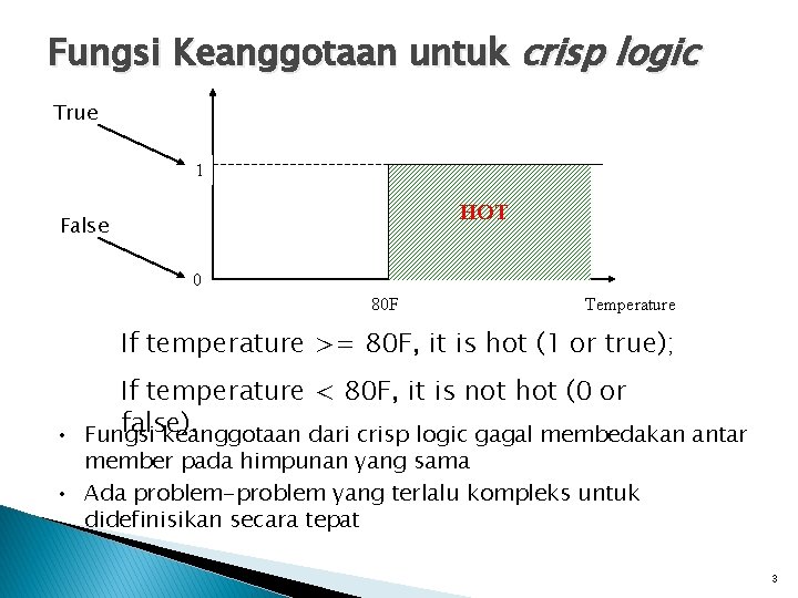 Fungsi Keanggotaan untuk crisp logic True 1 HOT False 0 80 F Temperature If