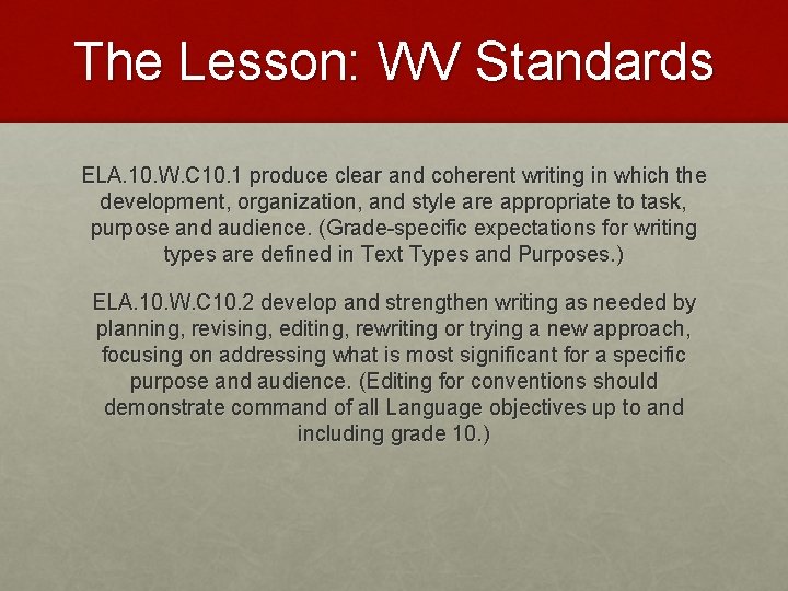 The Lesson: WV Standards ELA. 10. W. C 10. 1 produce clear and coherent
