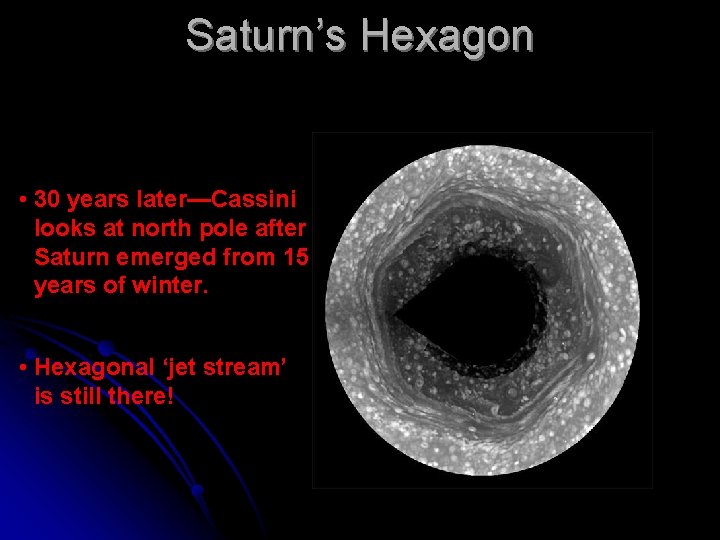 Saturn’s Hexagon • 30 years later—Cassini looks at north pole after Saturn emerged from