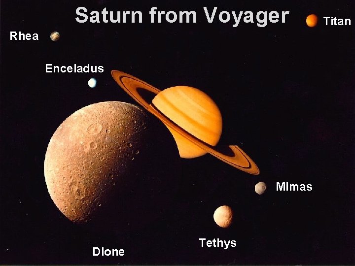 Saturn from Voyager Rhea Enceladus Mimas Dione Tethys Titan 