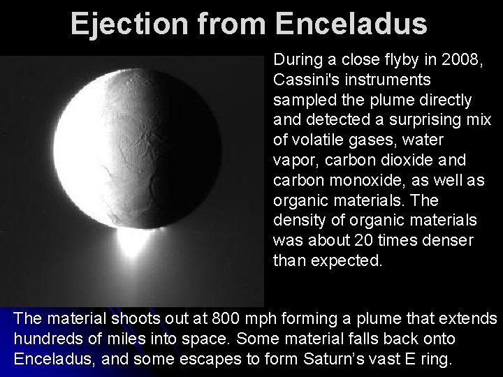 Ejection from Enceladus During a close flyby in 2008, Cassini's instruments sampled the plume