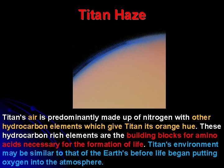 Titan Haze Titan's air is predominantly made up of nitrogen with other hydrocarbon elements