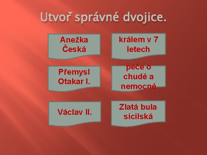 Utvoř správné dvojice. Anežka Česká králem v 7 letech Přemysl Otakar I. péče o