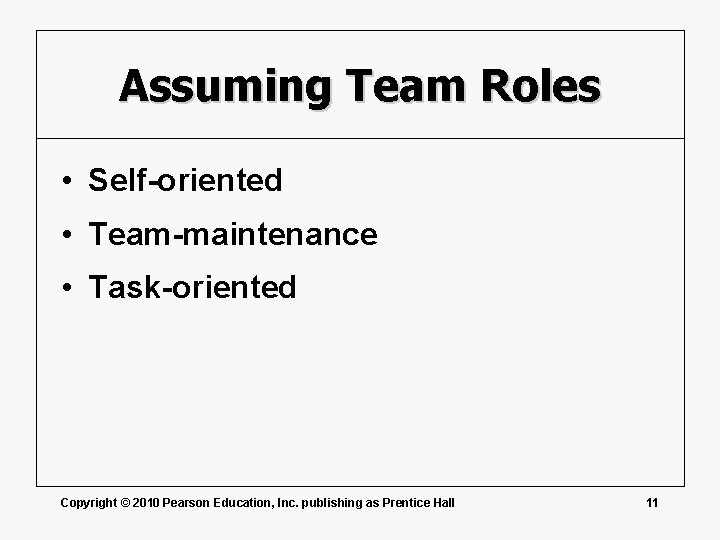 Assuming Team Roles • Self-oriented • Team-maintenance • Task-oriented Copyright © 2010 Pearson Education,