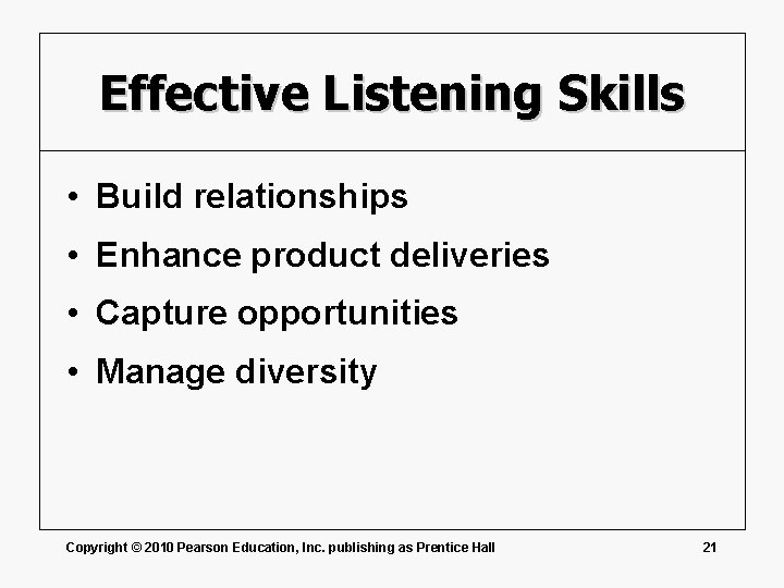 Effective Listening Skills • Build relationships • Enhance product deliveries • Capture opportunities •