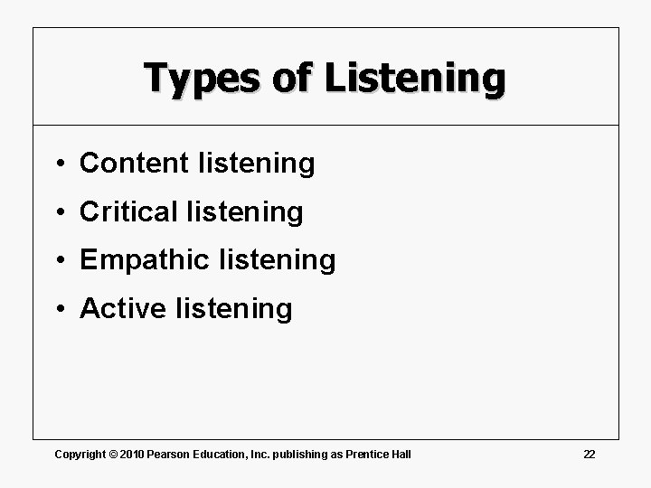 Types of Listening • Content listening • Critical listening • Empathic listening • Active