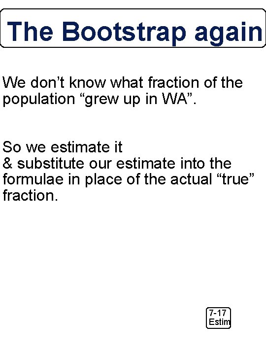 The Bootstrap again We don’t know what fraction of the population “grew up in The Bootstrap again We don’t know what fraction of the population “grew up in