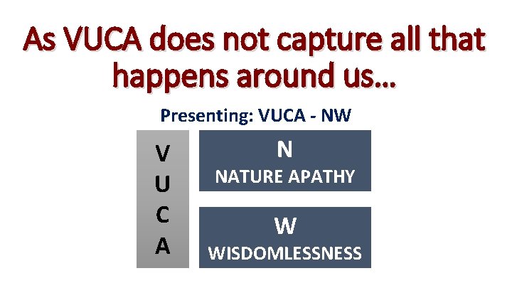 As VUCA does not capture all that happens around us… Presenting: VUCA - NW