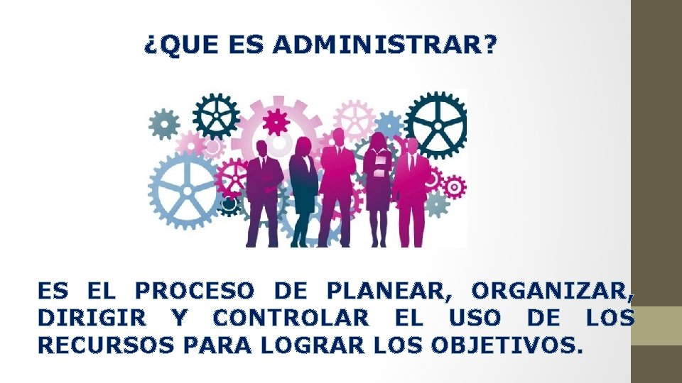 ¿QUE ES ADMINISTRAR? ES EL PROCESO DE PLANEAR, ORGANIZAR, DIRIGIR Y CONTROLAR EL USO