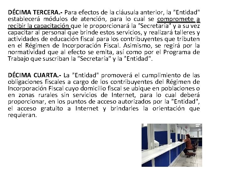 DÉCIMA TERCERA. - Para efectos de la cláusula anterior, la "Entidad" establecerá módulos de