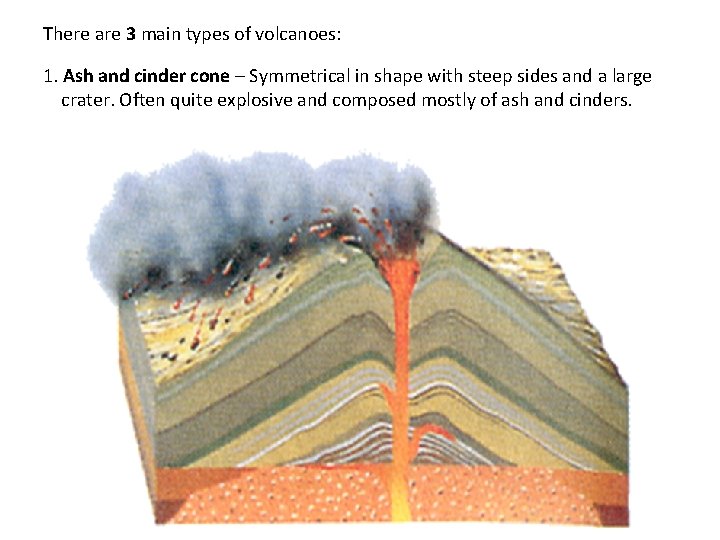 There are 3 main types of volcanoes: 1. Ash and cinder cone – Symmetrical