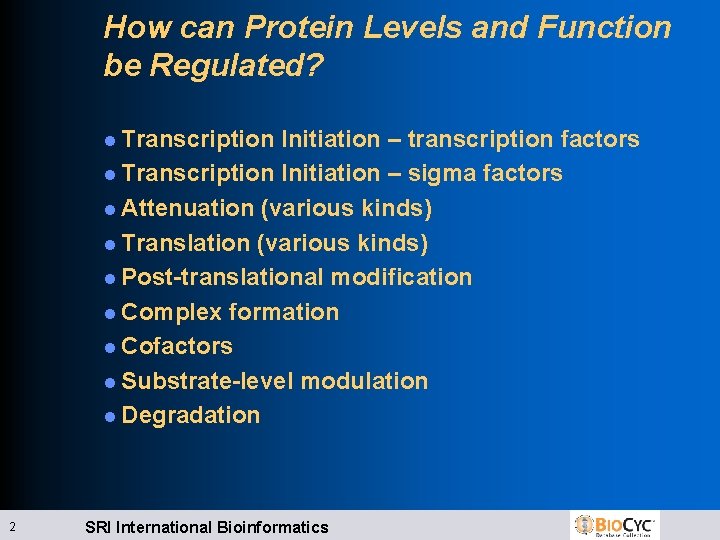How can Protein Levels and Function be Regulated? l Transcription Initiation – transcription factors