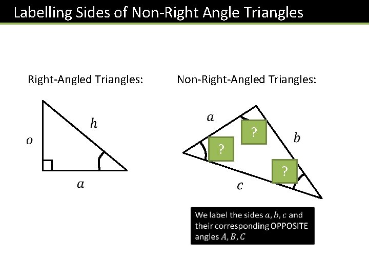 Labelling Sides of Non-Right Angle Triangles Right-Angled Triangles: Non-Right-Angled Triangles: ? ? Labelling Sides of Non-Right Angle Triangles Right-Angled Triangles: Non-Right-Angled Triangles: ? ?
