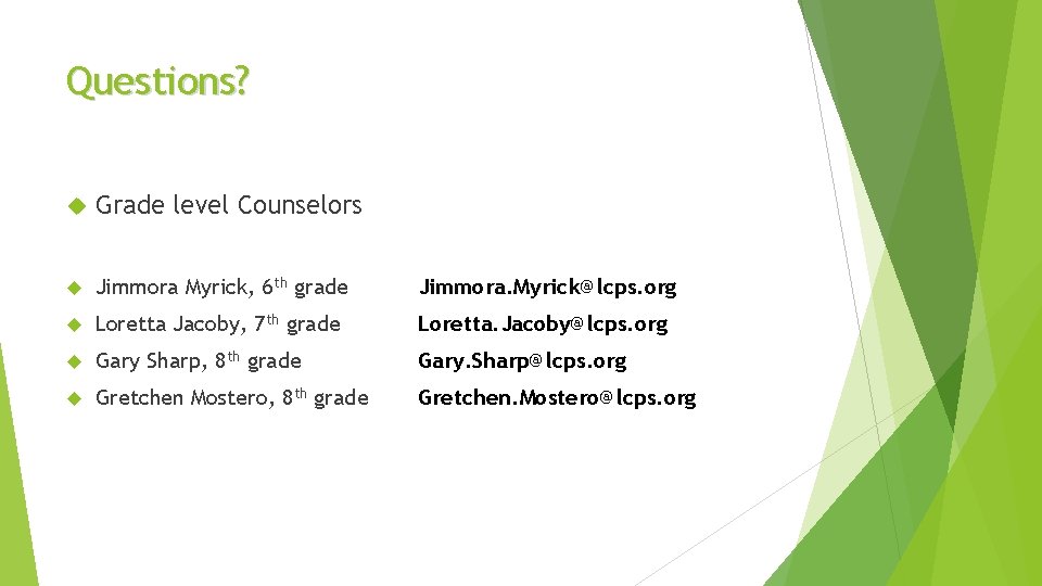 Questions? Grade level Counselors Jimmora Myrick, 6 th grade Jimmora. Myrick@lcps. org Loretta Jacoby,