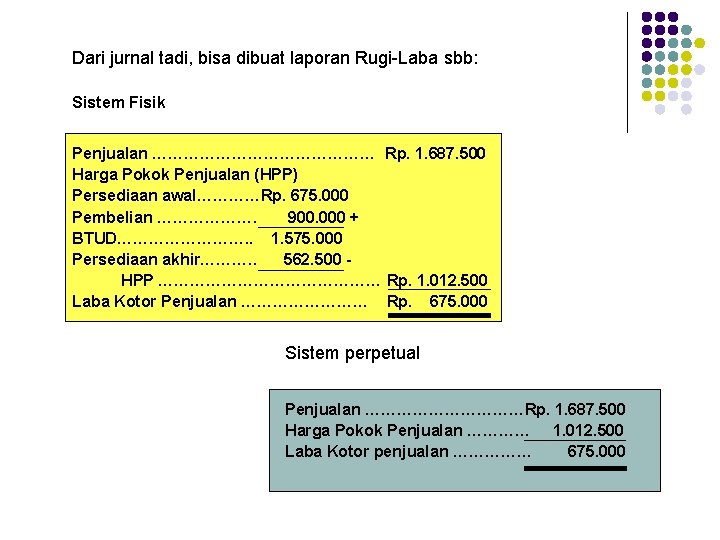 Dari jurnal tadi, bisa dibuat laporan Rugi-Laba sbb: Sistem Fisik Penjualan ………………… Rp. 1. Dari jurnal tadi, bisa dibuat laporan Rugi-Laba sbb: Sistem Fisik Penjualan ………………… Rp. 1.