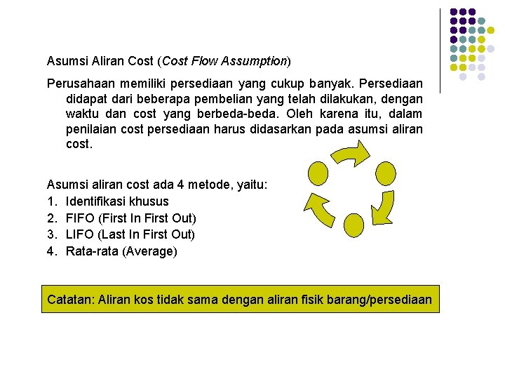 Asumsi Aliran Cost (Cost Flow Assumption) Perusahaan memiliki persediaan yang cukup banyak. Persediaan didapat Asumsi Aliran Cost (Cost Flow Assumption) Perusahaan memiliki persediaan yang cukup banyak. Persediaan didapat